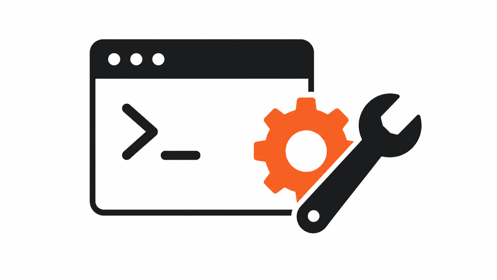Flat vector illustration of a terminal window, gear, and wrench representing coding and building tools