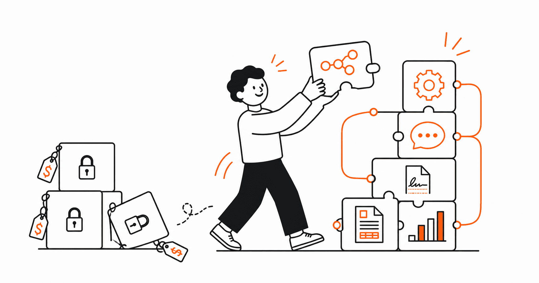 Flat vector illustration of open-source operations tools replacing expensive software subscriptions