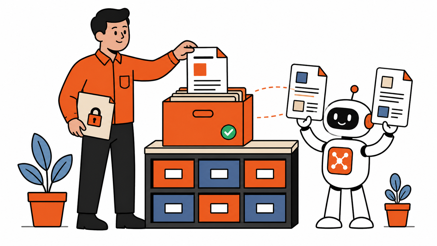 AI file cleanup for work showing a human protecting records before filing