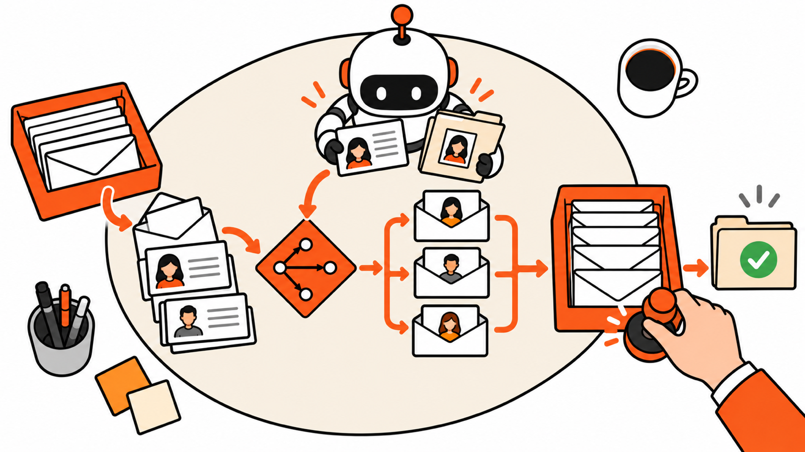 Process Automation combining customer records, AI interpretation, routing rules, and a human approval tray