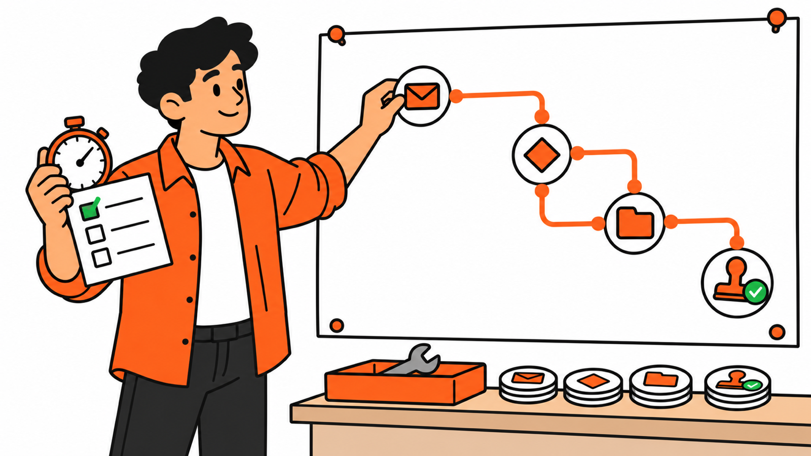Process Automation learning plan with an operator mapping requests, decisions, reviews, and completion checks